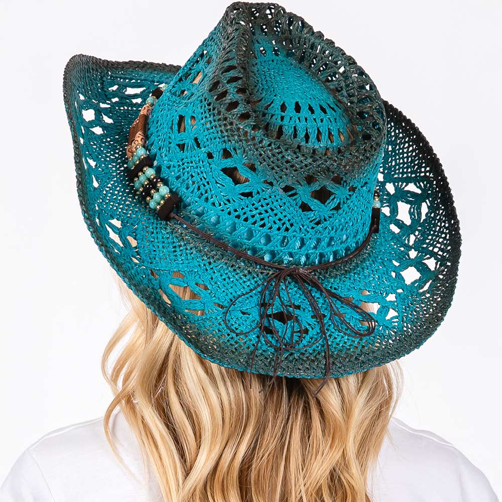 HATEGORY Tea Stained Open Weave Cowboy Hat with Western Wood Bead Band