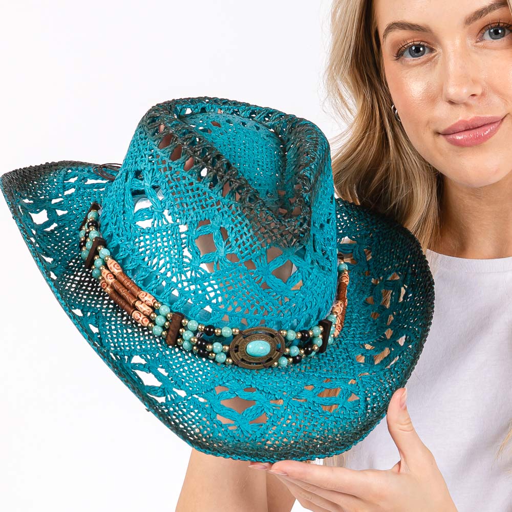 HATEGORY Tea Stained Open Weave Cowboy Hat with Western Wood Bead Band