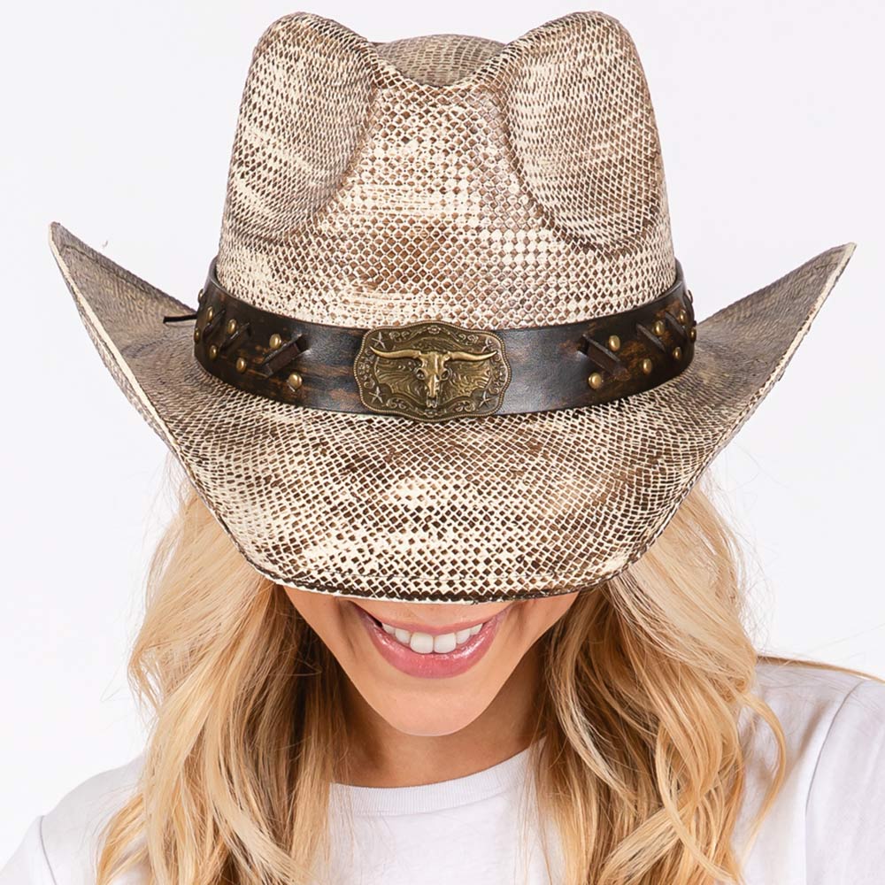 HATEGORY Vintage Cowboy Hat with Western Bull and Stud Faux Leather Band
