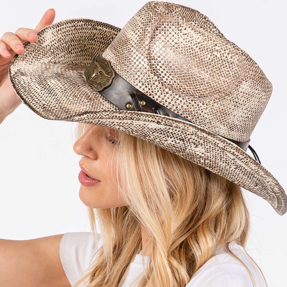 HATEGORY Vintage Cowboy Hat with Western Bull and Stud Faux Leather Band