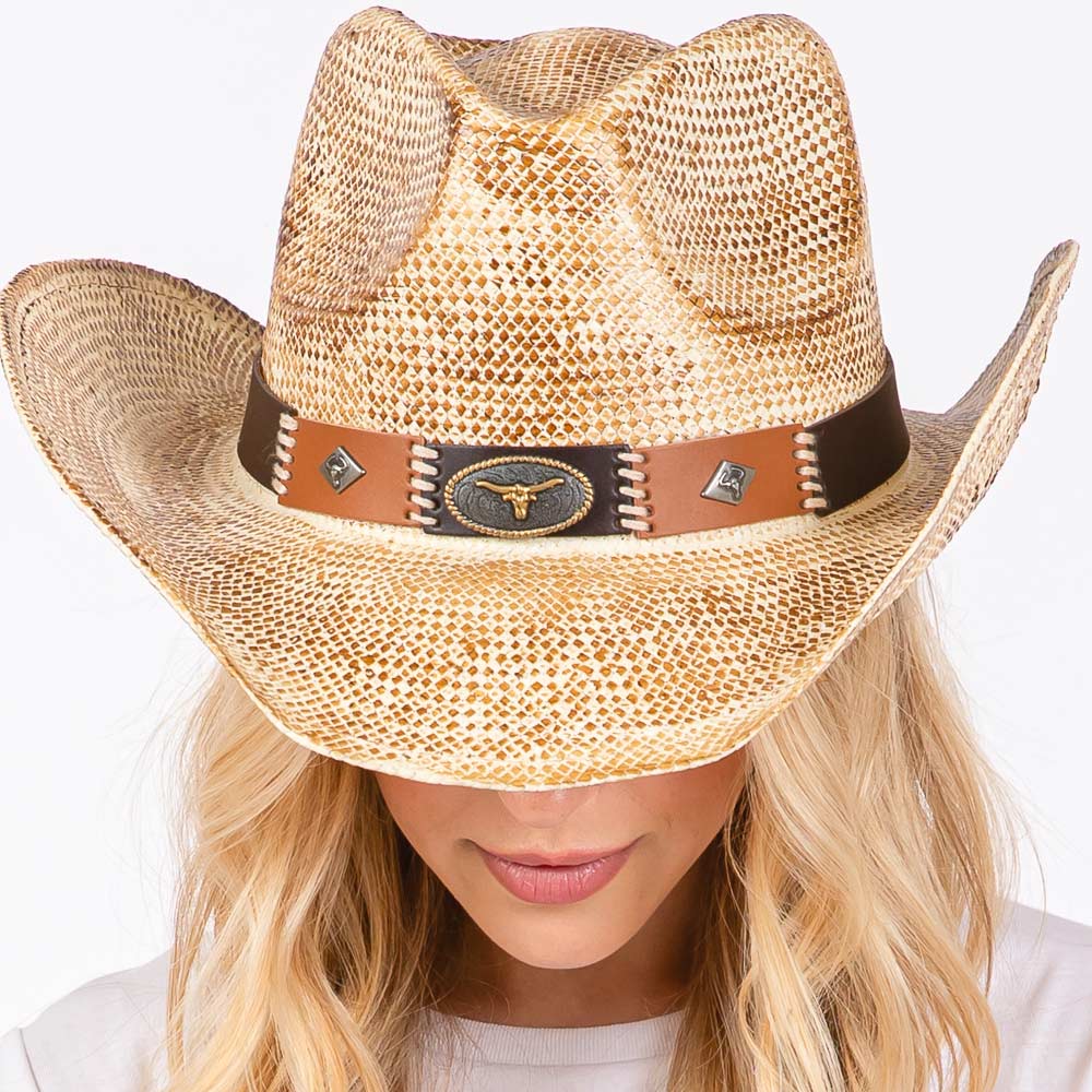 HATEGORY Vintage Cowboy Hat with Western Bull and Stud Faux Leather Band