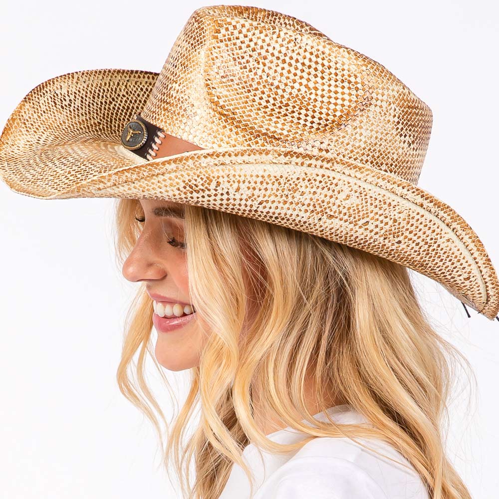HATEGORY Vintage Cowboy Hat with Western Bull and Stud Faux Leather Band