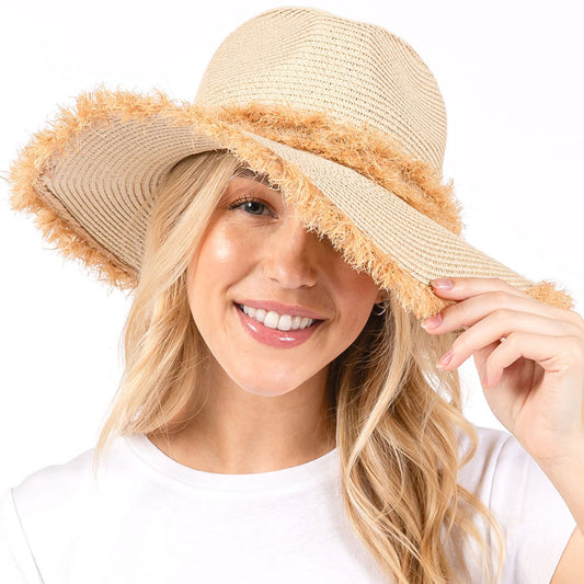 HATEGORY Frayed Band and Trip Straw Sun Hat