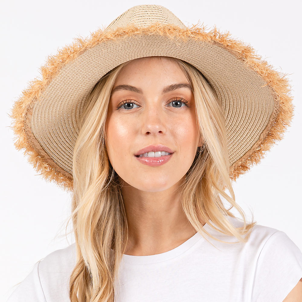 HATEGORY Frayed Band and Trip Straw Sun Hat
