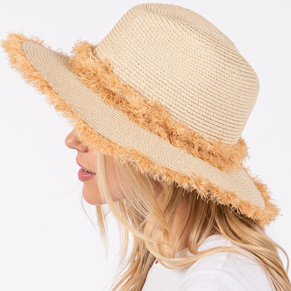 HATEGORY Frayed Band and Trip Straw Sun Hat