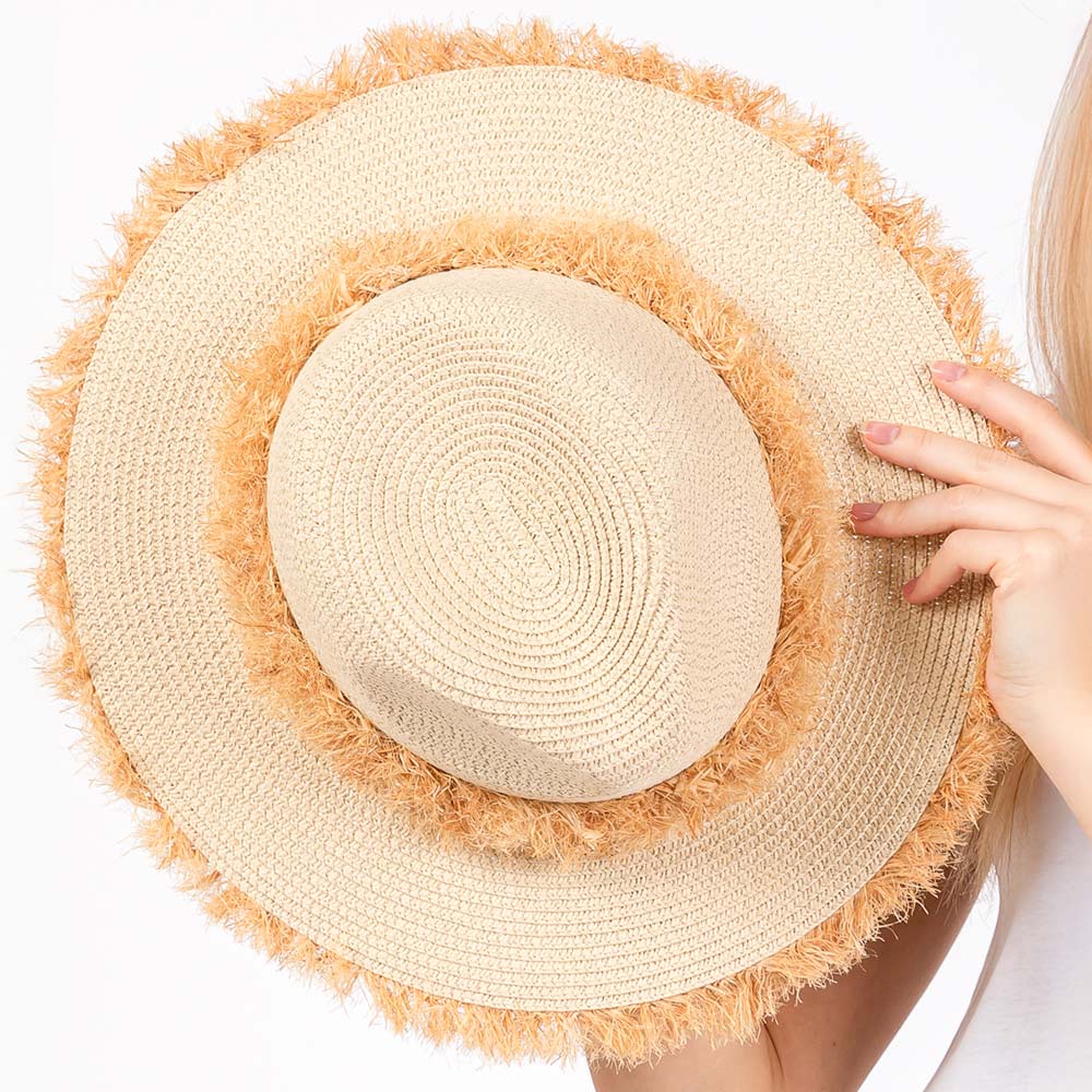 HATEGORY Frayed Band and Trip Straw Sun Hat