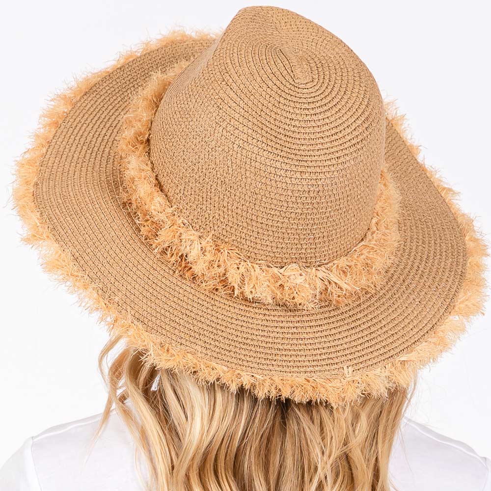 HATEGORY Frayed Band and Trip Straw Sun Hat