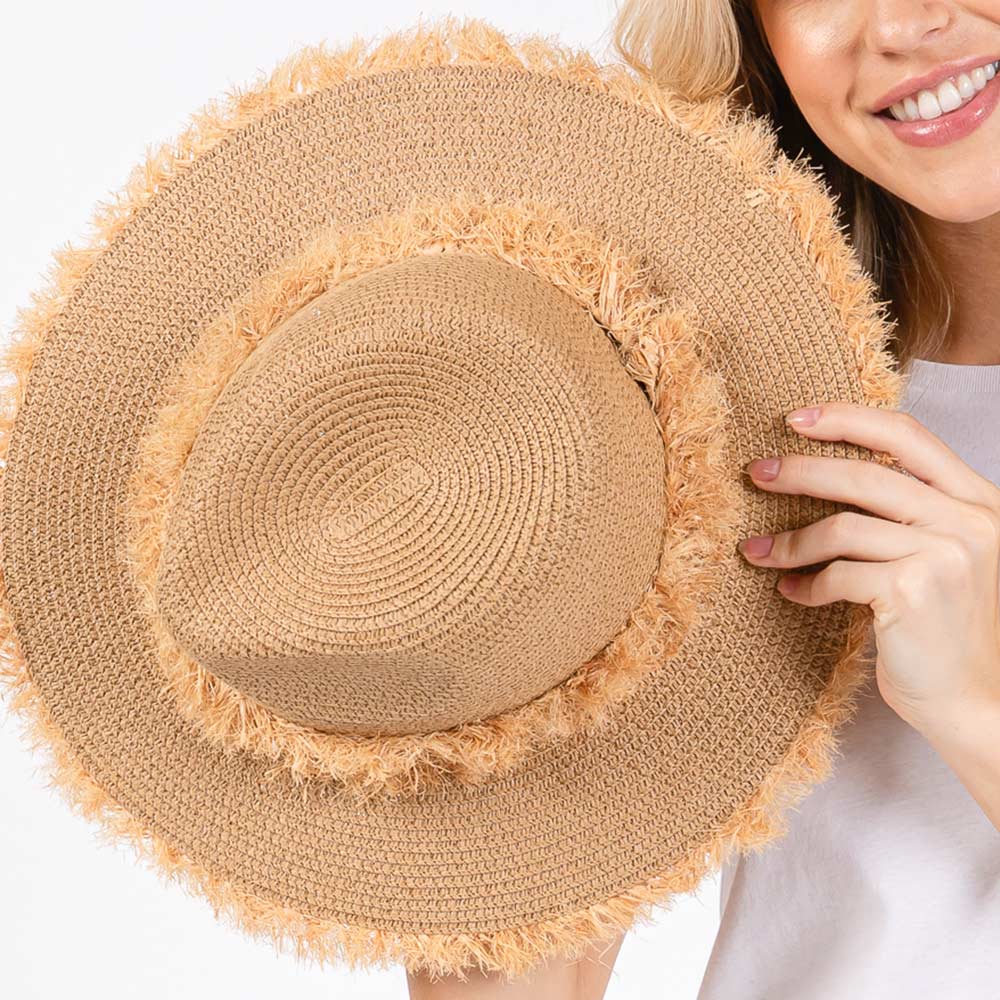 HATEGORY Frayed Band and Trip Straw Sun Hat