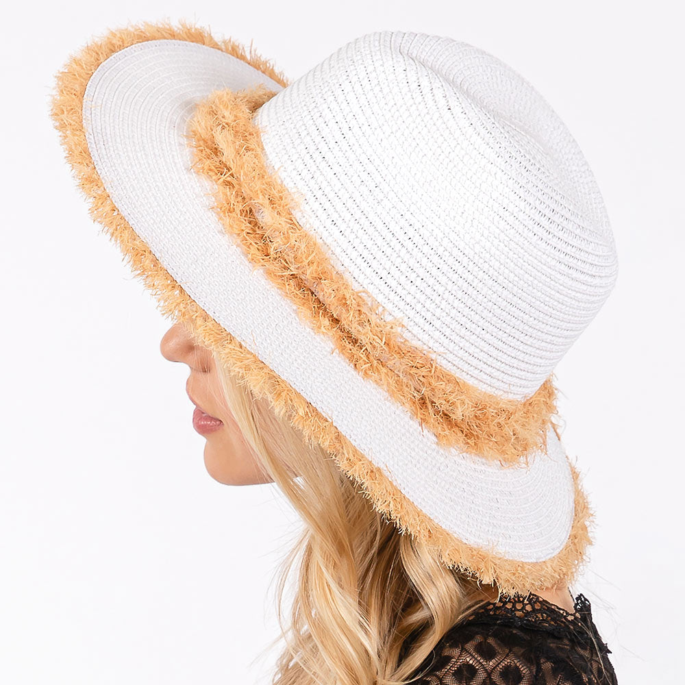 HATEGORY Frayed Band and Trip Straw Sun Hat