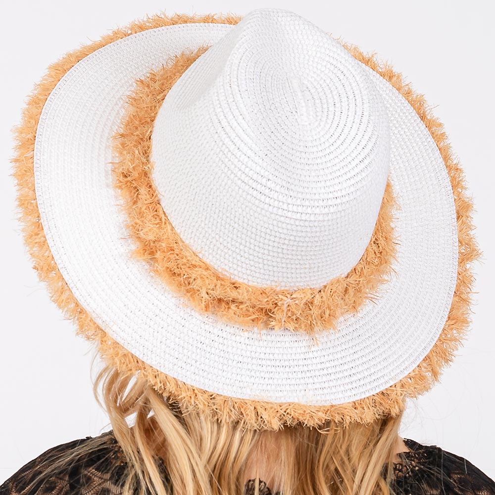 HATEGORY Frayed Band and Trip Straw Sun Hat