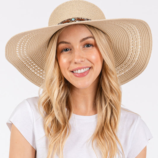 HATEGORY Wide Brim Straw Sun Hat with Evil Eye and Multi Design Band