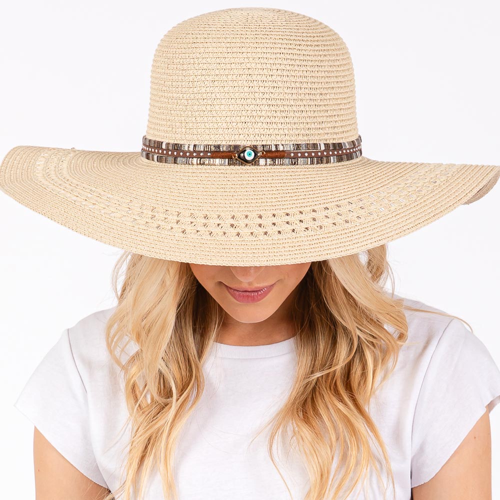 HATEGORY Wide Brim Straw Sun Hat with Evil Eye and Multi Design Band