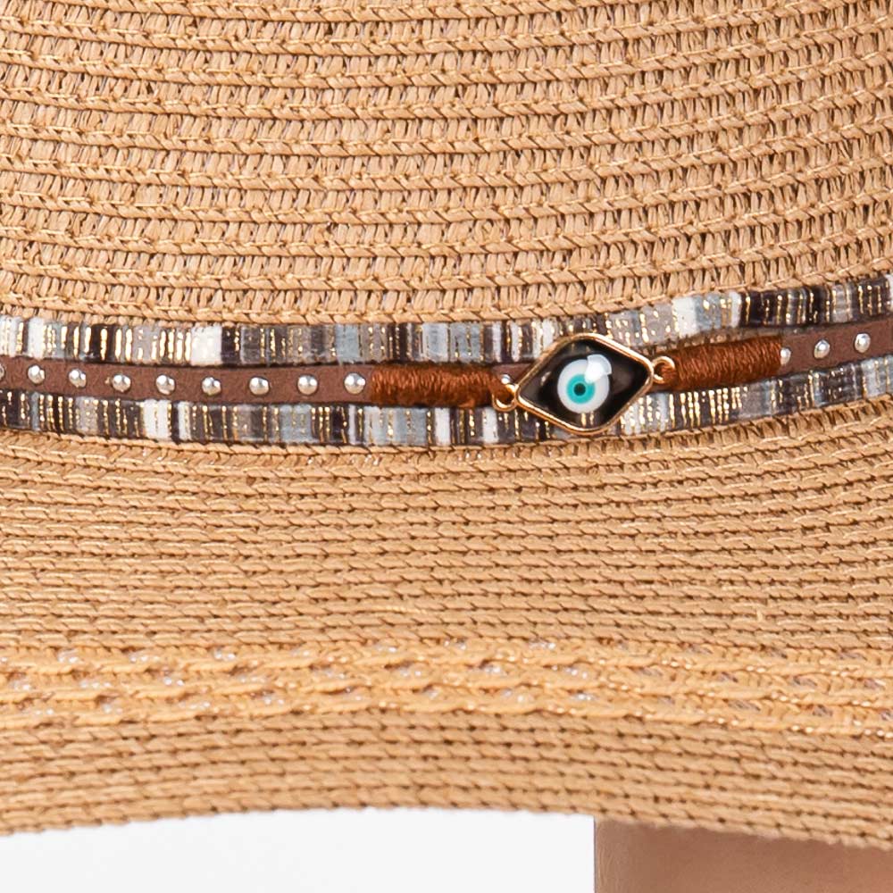 HATEGORY Wide Brim Straw Sun Hat with Evil Eye and Multi Design Band