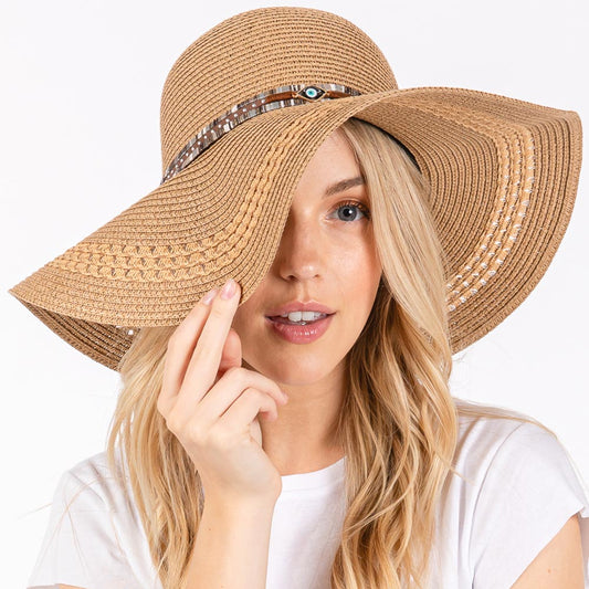 HATEGORY Wide Brim Straw Sun Hat with Evil Eye and Multi Design Band