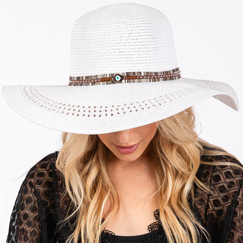HATEGORY Wide Brim Straw Sun Hat with Evil Eye and Multi Design Band