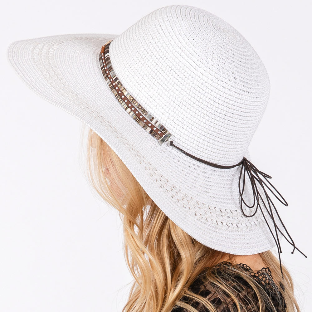 HATEGORY Wide Brim Straw Sun Hat with Evil Eye and Multi Design Band