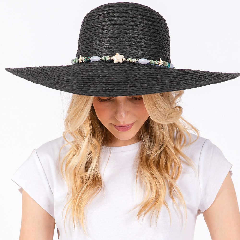 HATEGORY Wide Brim Floppy Sun Hat with Turquoise Stone and Starfish Band