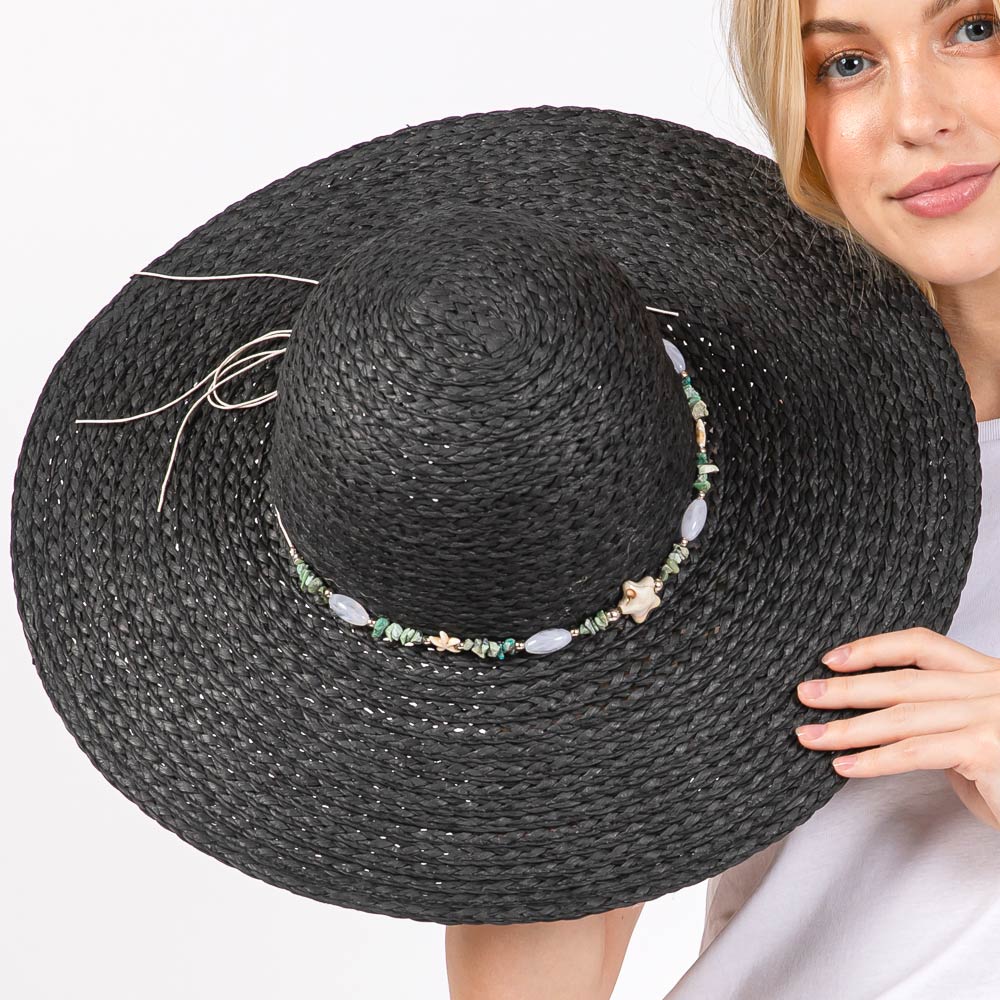 HATEGORY Wide Brim Floppy Sun Hat with Turquoise Stone and Starfish Band