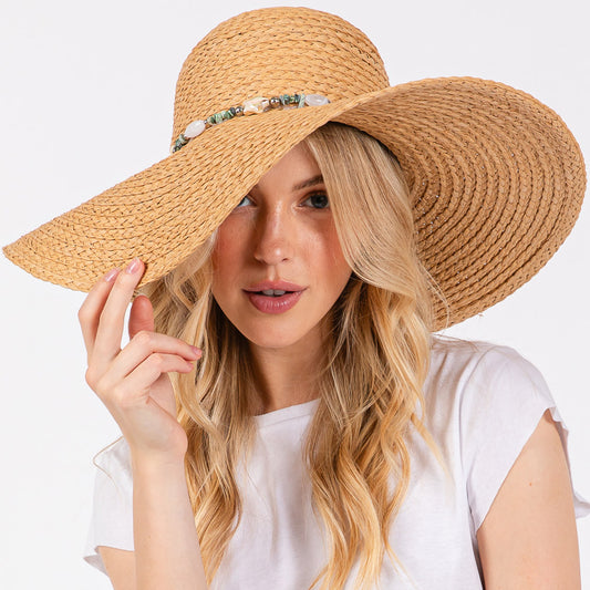 HATEGORY Wide Brim Floppy Sun Hat with Turquoise Stone and Starfish Band