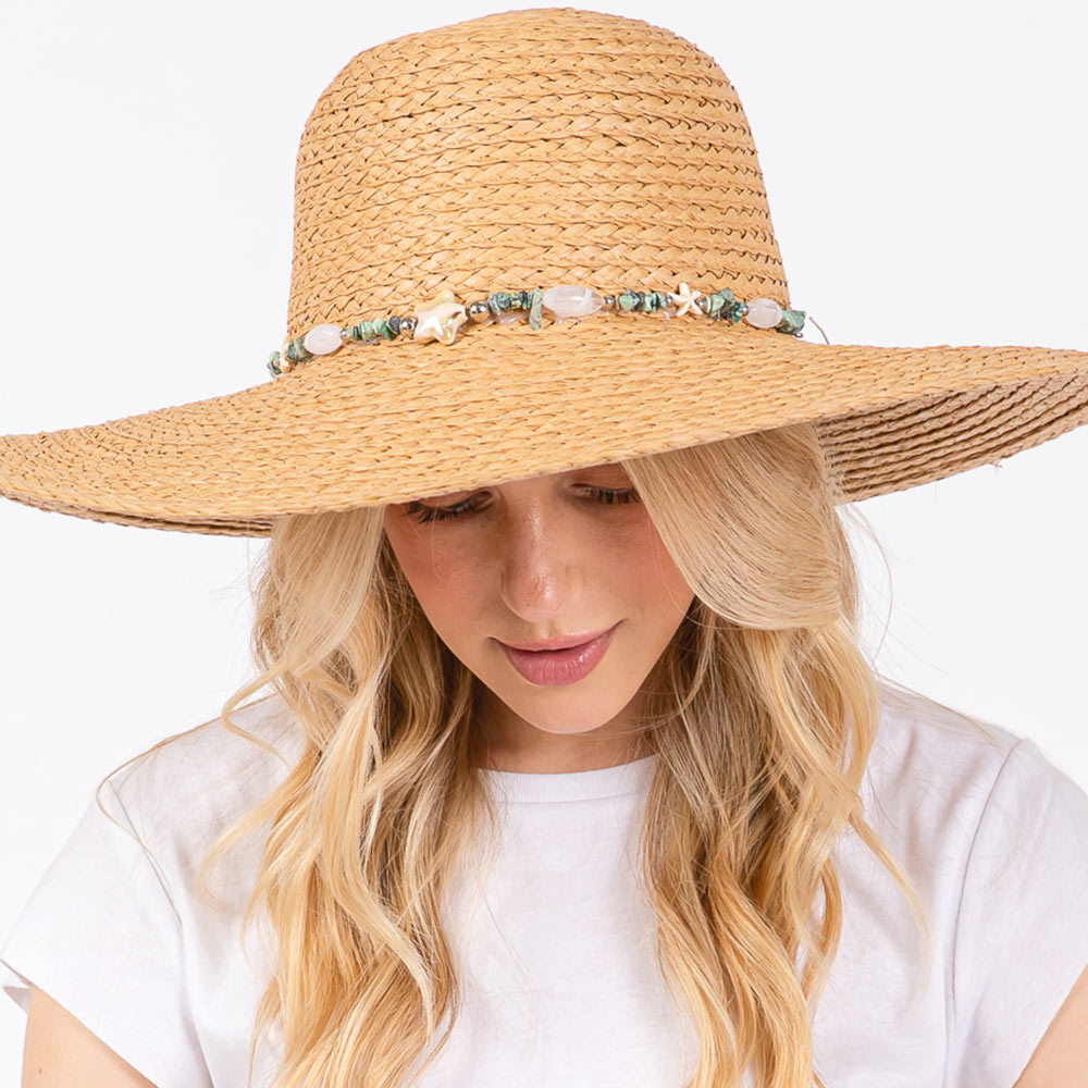 HATEGORY Wide Brim Floppy Sun Hat with Turquoise Stone and Starfish Band