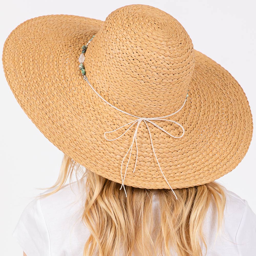 HATEGORY Wide Brim Floppy Sun Hat with Turquoise Stone and Starfish Band