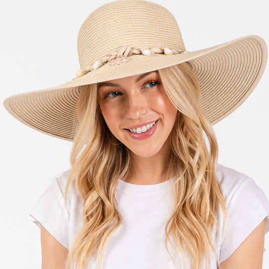 HATEGORY Wide Brim Straw Sun Hat with Shell and Conch Braided Band