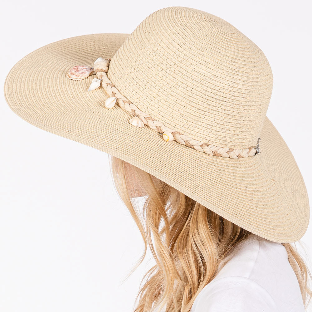 HATEGORY Wide Brim Straw Sun Hat with Shell and Conch Braided Band