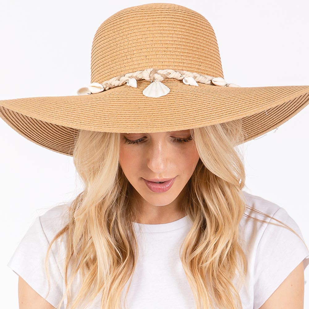 HATEGORY Wide Brim Straw Sun Hat with Shell and Conch Braided Band