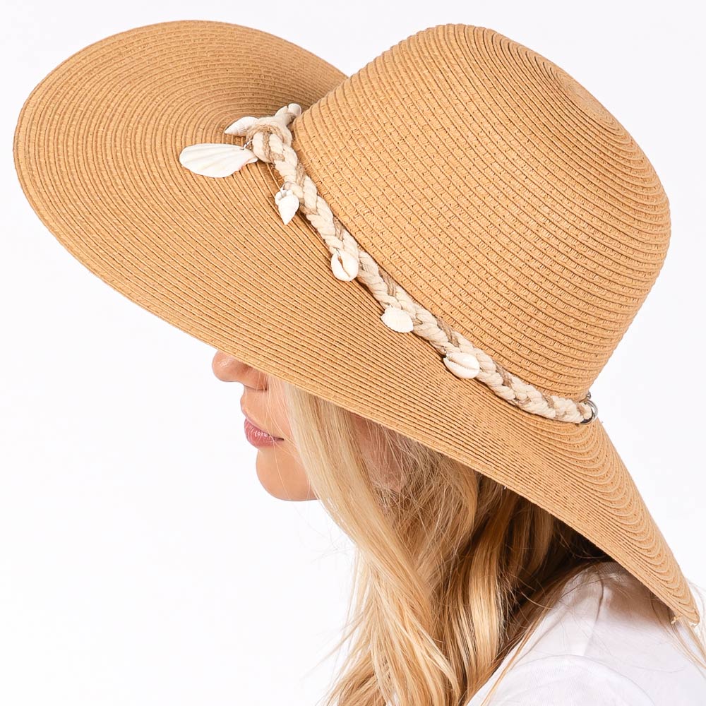 HATEGORY Wide Brim Straw Sun Hat with Shell and Conch Braided Band