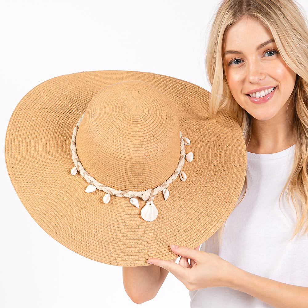 HATEGORY Wide Brim Straw Sun Hat with Shell and Conch Braided Band