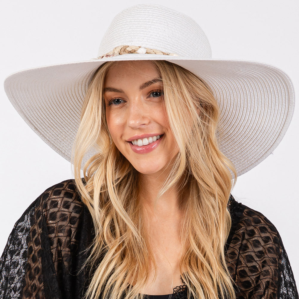 HATEGORY Wide Brim Straw Sun Hat with Shell and Conch Braided Band