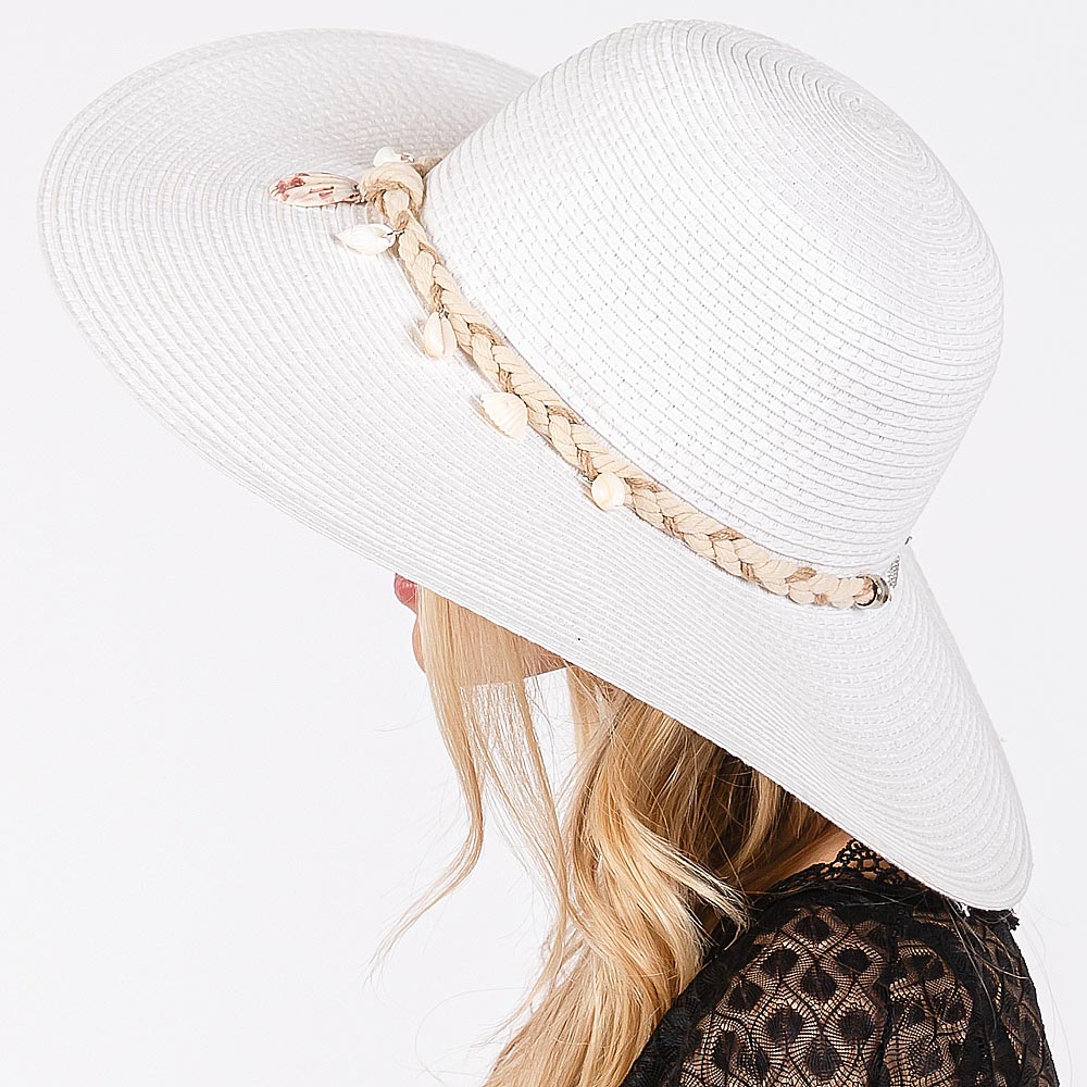 HATEGORY Wide Brim Straw Sun Hat with Shell and Conch Braided Band