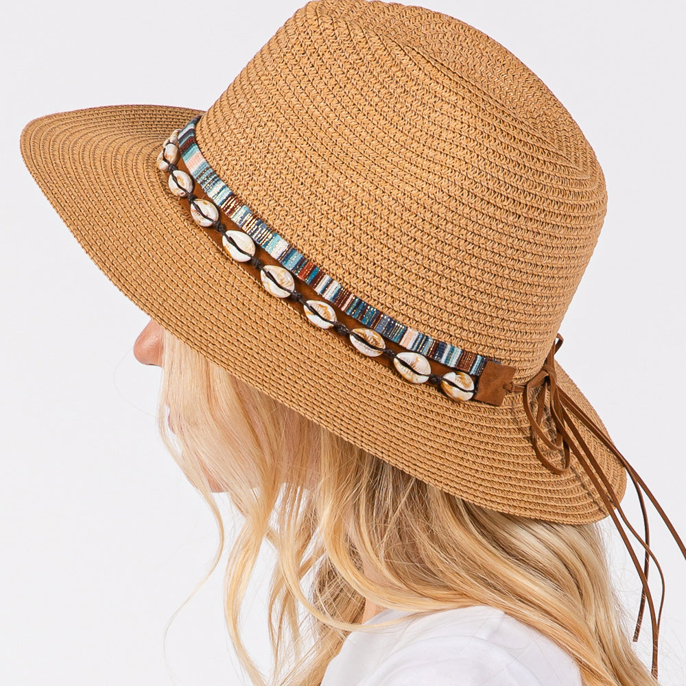 HATEGORY Straw Sun Hat with Puka Sell And Multi Colored Band