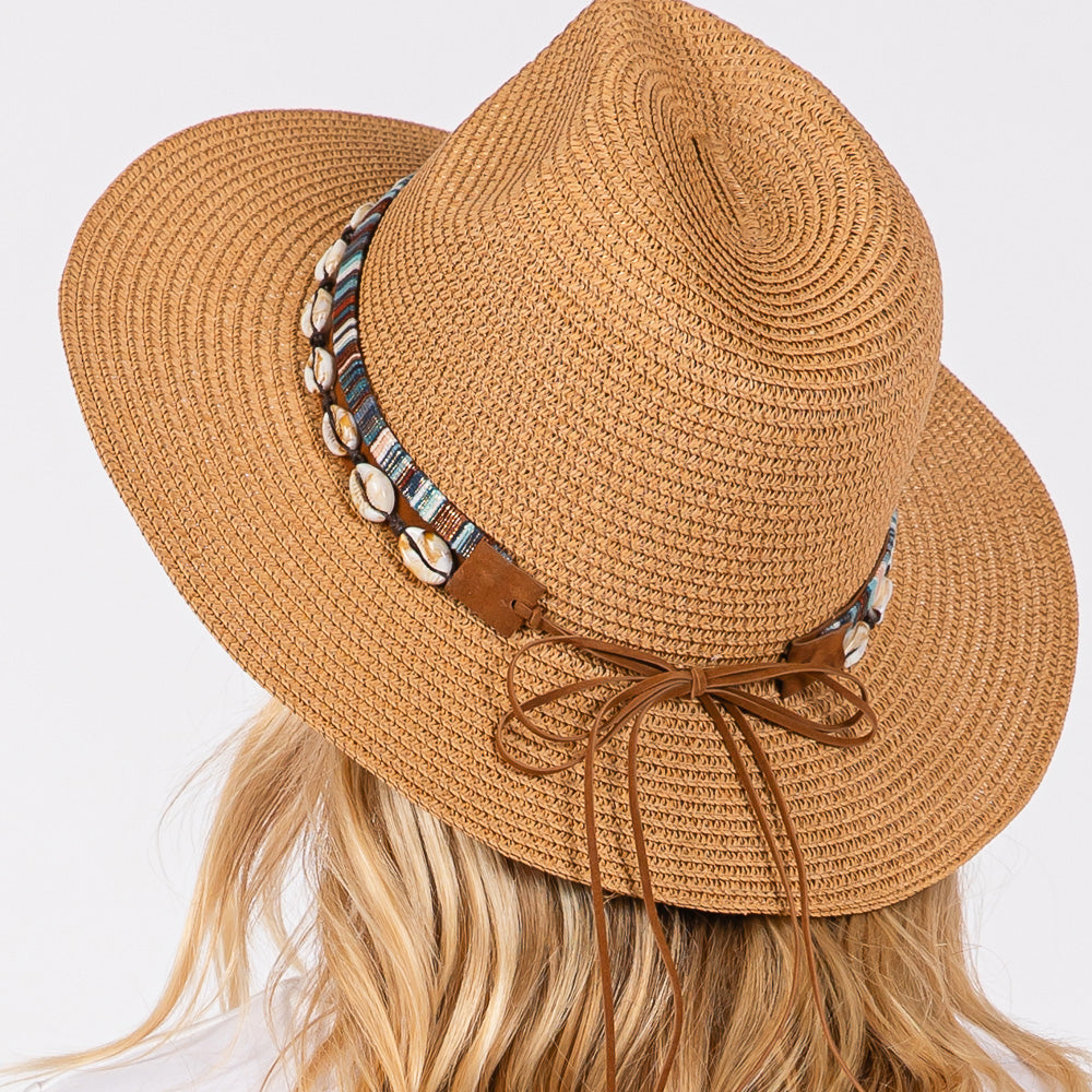 HATEGORY Straw Sun Hat with Puka Sell And Multi Colored Band