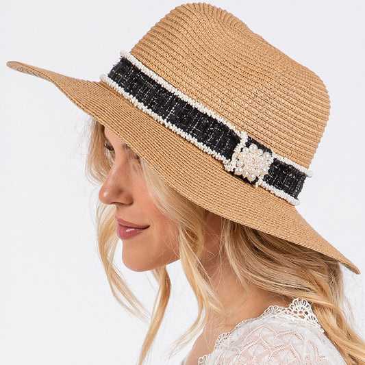 HATEGORY Tweed Pearl Band Straw Sun Hat