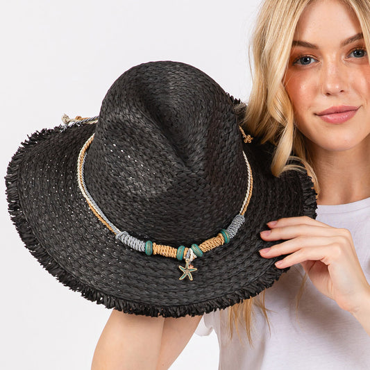 HATEGORY Frayed Straw Sun Hat with Braided Starfish Band