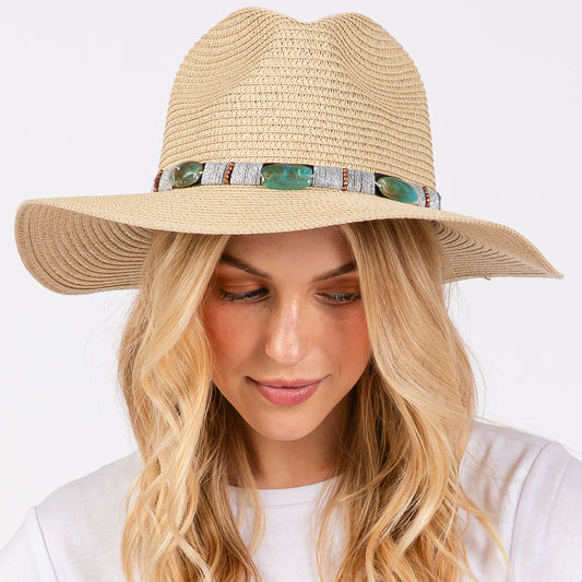 HATEGORY Turquoise Beads Band Straw Sun Hat