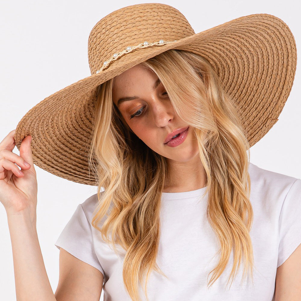HATEGORY Braided Pearl Band Wide Floppy Sun Hat