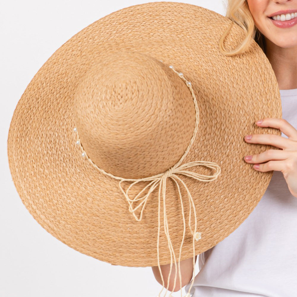 HATEGORY Braided Pearl Band Wide Floppy Sun Hat