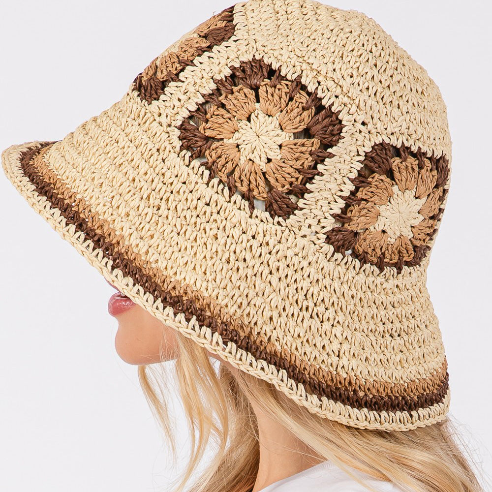 HATEGORY Floral Crochet Straw Bucket Hat