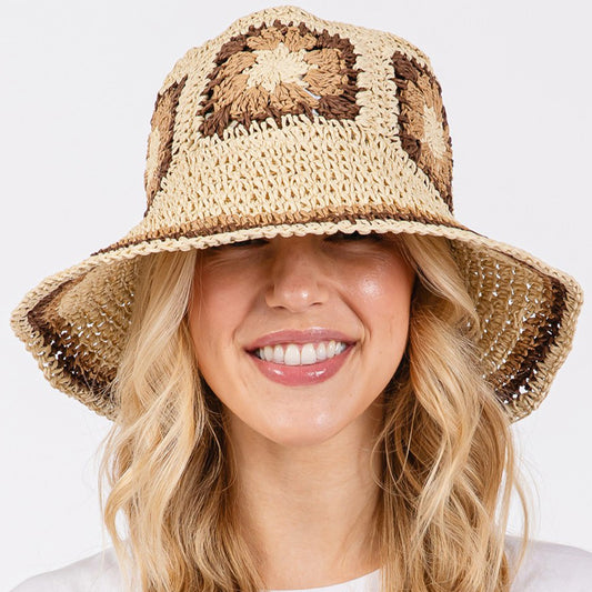 HATEGORY Floral Crochet Straw Bucket Hat