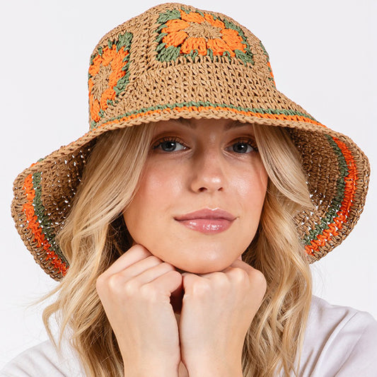 HATEGORY Floral Crochet Straw Bucket Hat