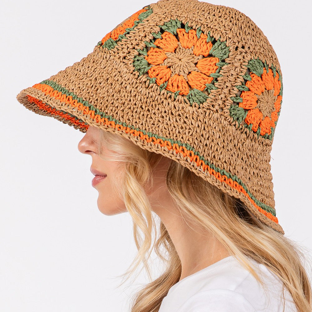 HATEGORY Floral Crochet Straw Bucket Hat