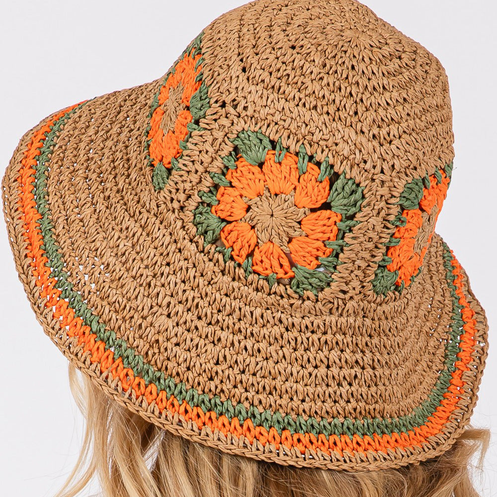 HATEGORY Floral Crochet Straw Bucket Hat