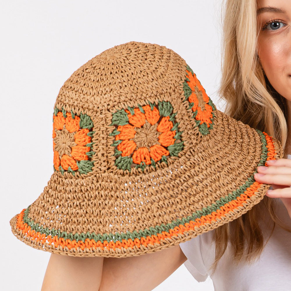 HATEGORY Floral Crochet Straw Bucket Hat