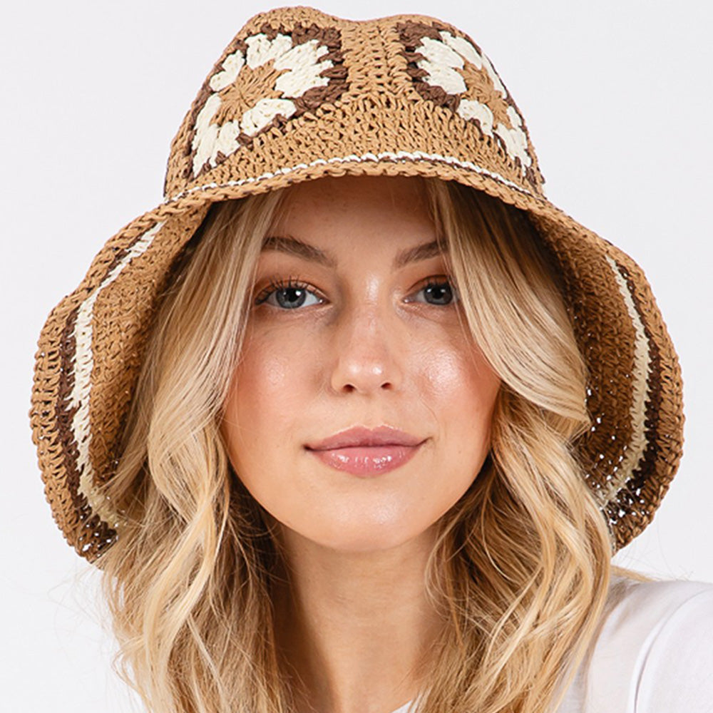 HATEGORY Floral Crochet Straw Bucket Hat