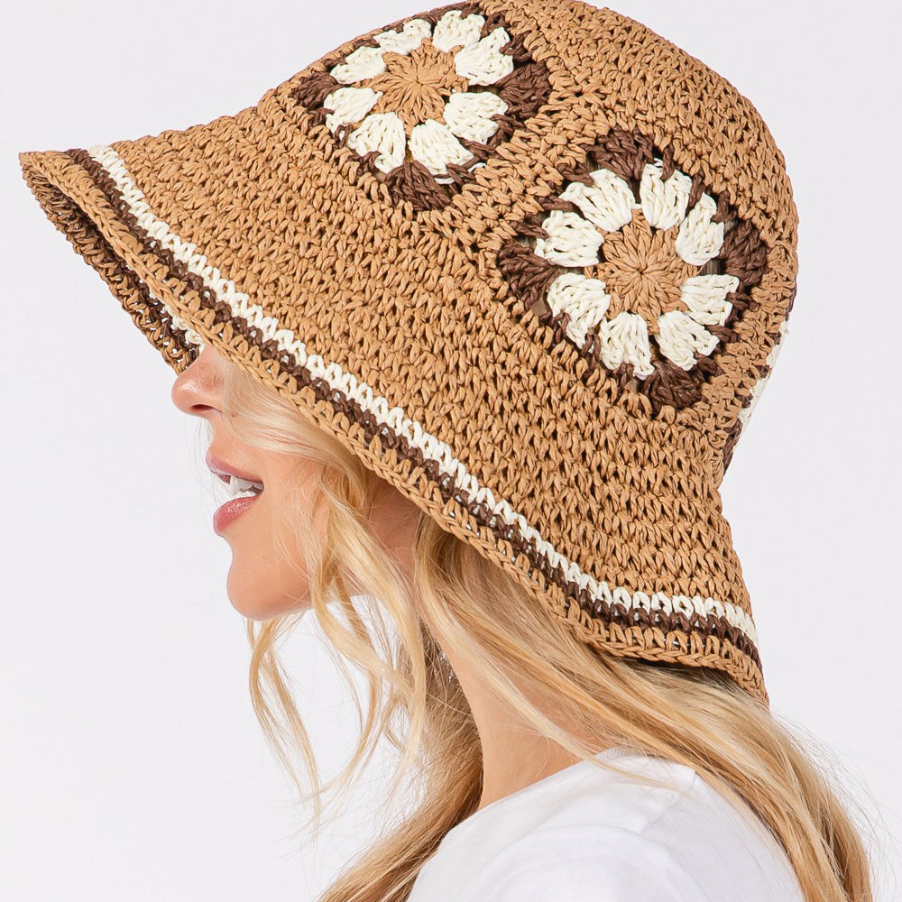 HATEGORY Floral Crochet Straw Bucket Hat