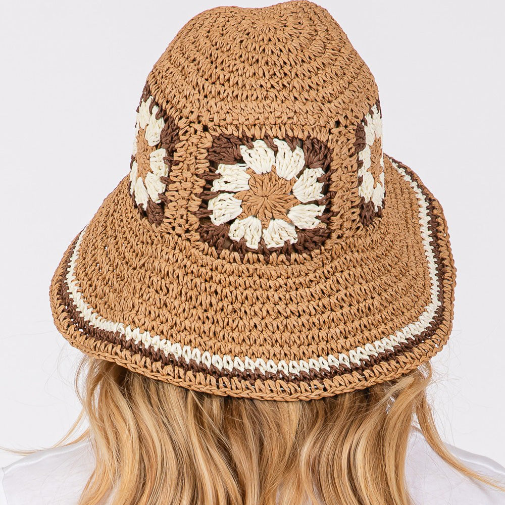 HATEGORY Floral Crochet Straw Bucket Hat