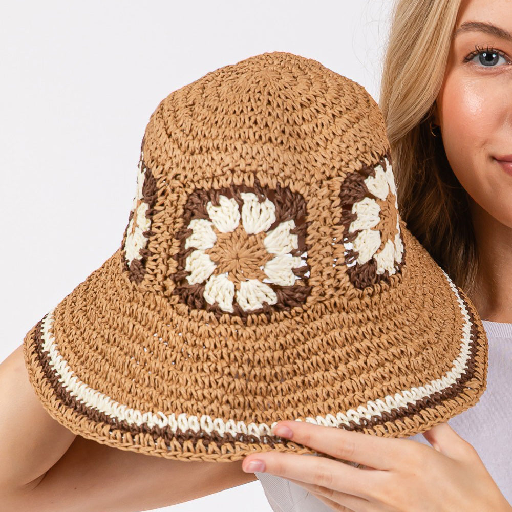 HATEGORY Floral Crochet Straw Bucket Hat