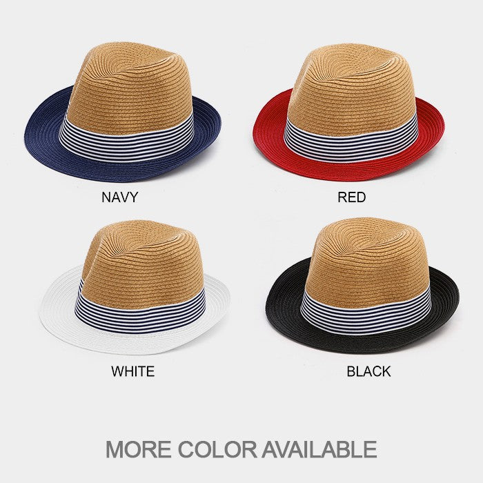 HATEGORY Striped Color Block Straw Fedora Hat